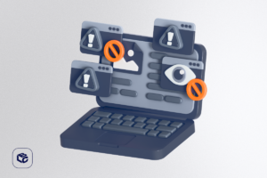 ilustração digital em estilo 3D que mostra um notebook aberto cercado por janelas de erro, alertas de atenção